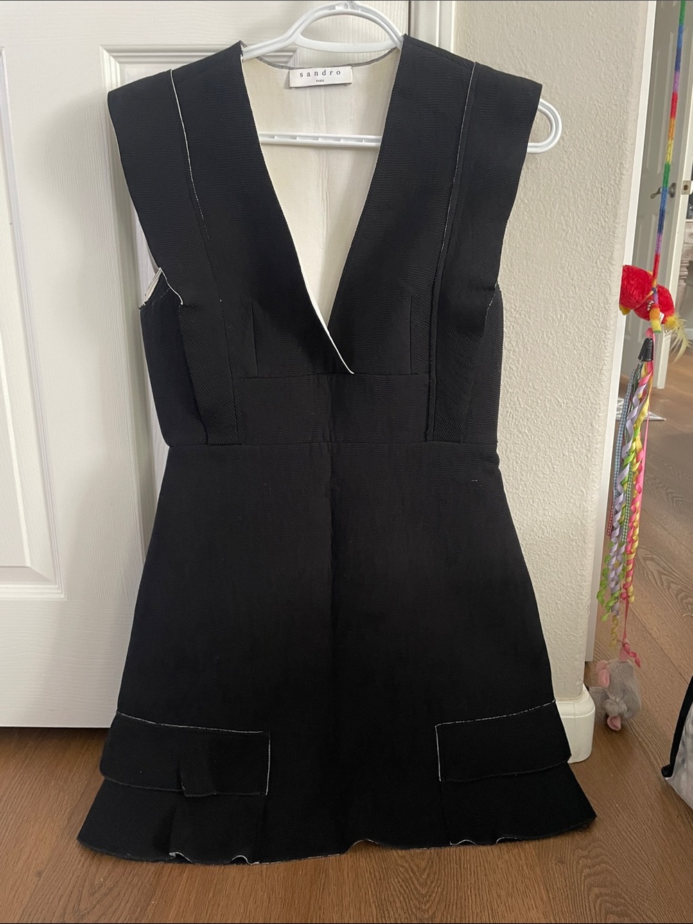 Sandro Black V-Neck Shift Dress with Pocket Flaps